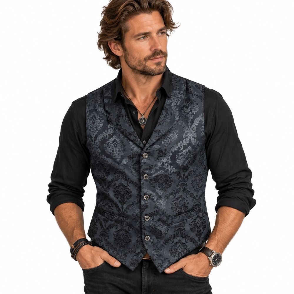 Frontier Classics Reno Vest Mens L Black Damask Jacquard Old West Western CM753